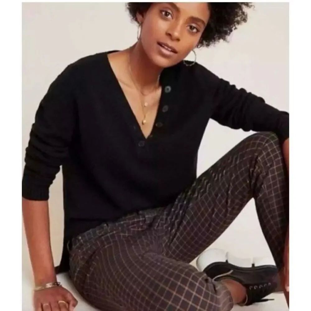 Anthropologie Womens Serena Button Up V-Neck Tunic Black Sweater Small